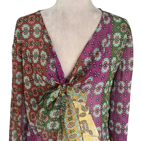 NWT Zara Semi Sheer Chiffon Paisley Printed Tie Neck Beaded Tassel Blouse - XL - Picture 10 of 16